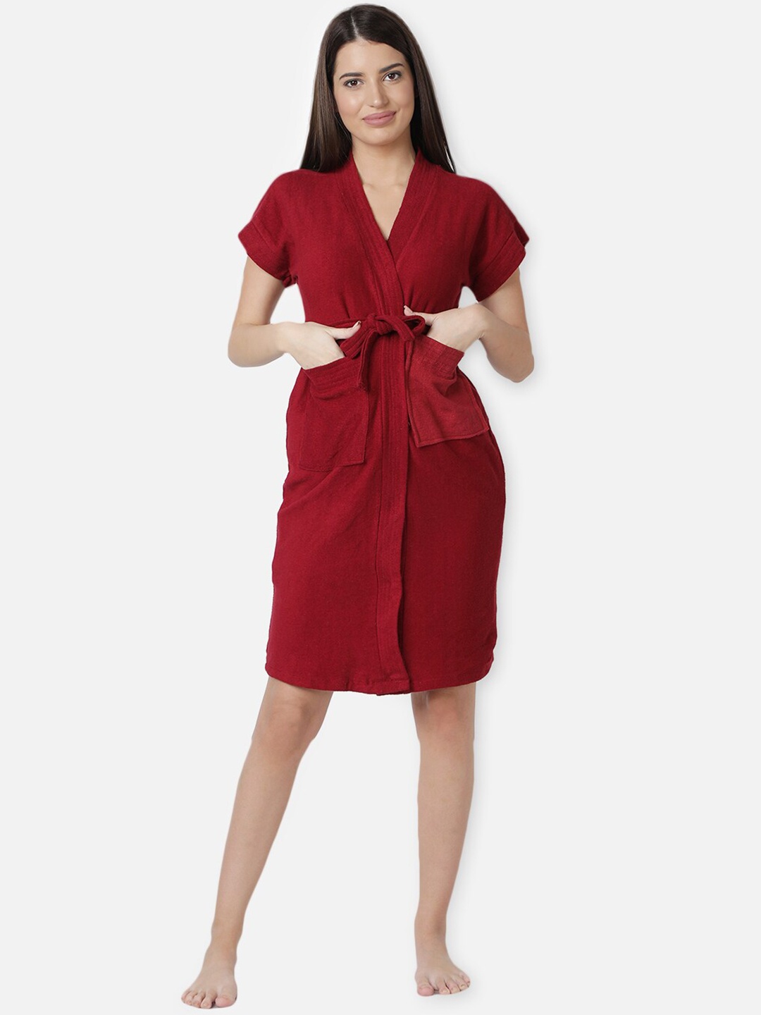 

LacyLook Women Maroon Solid Bath Robe With Belt