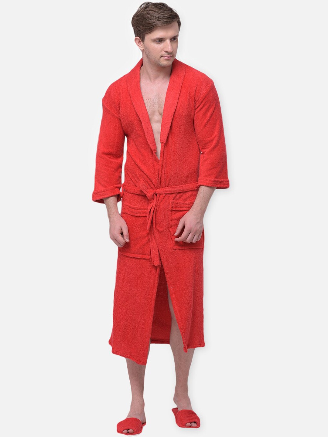 

LacyLook Men Red Solid Bath Robe With Belt