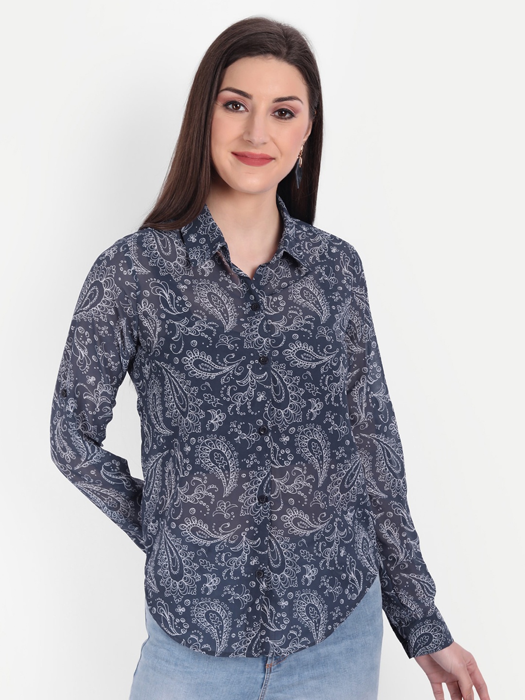

CHARMGAL Women Blue & White Relaxed Semi Sheer Paisley Printed Casual Shirt