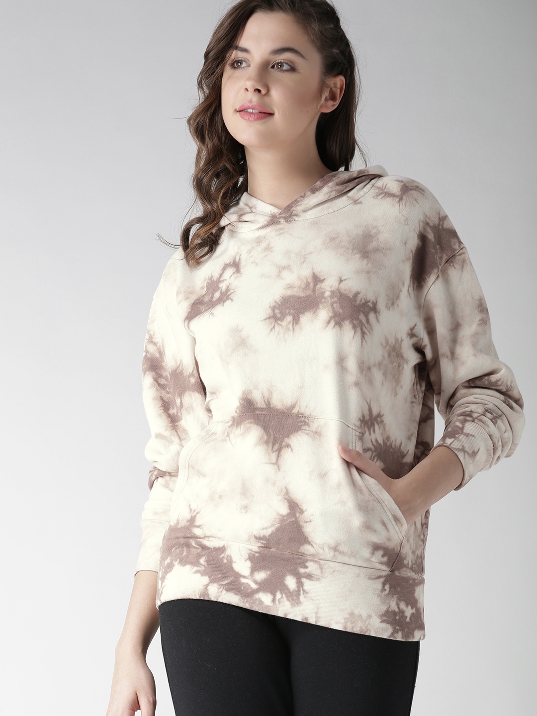 

FOREVER 21 Women Beige & Taupe Printed Hooded Sweatshirt