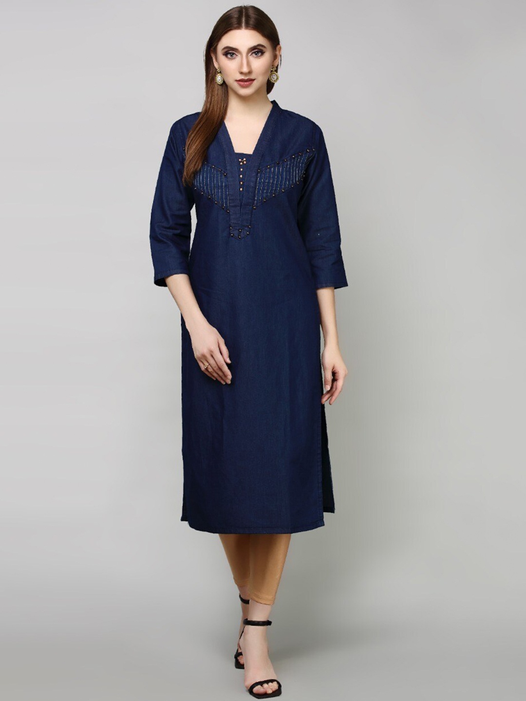 

HAVVA FASHION Women Navy Blue Yoke Design Shawl Neck Denim Kurta