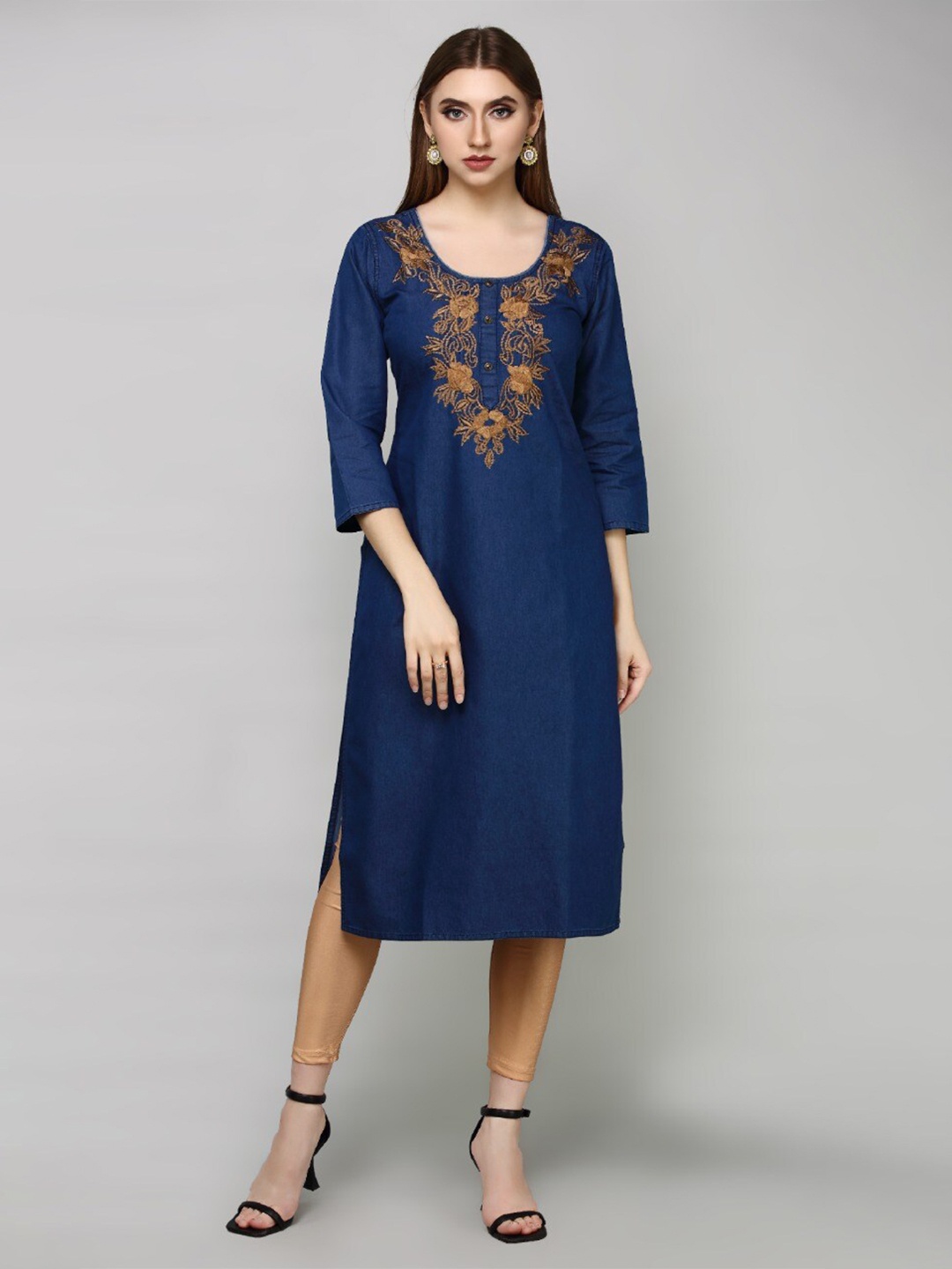 

HAVVA FASHION Women Blue Floral Yoke Design Thread Work Indigo Denim Kurta