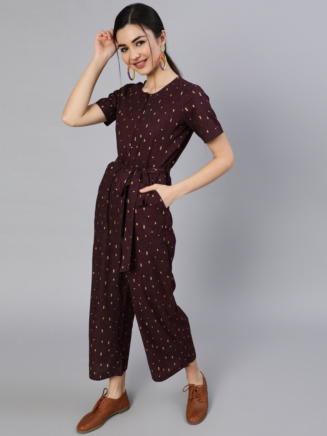 

Nayo Burgundy & Gold-Toned Printed Basic Jumpsuit