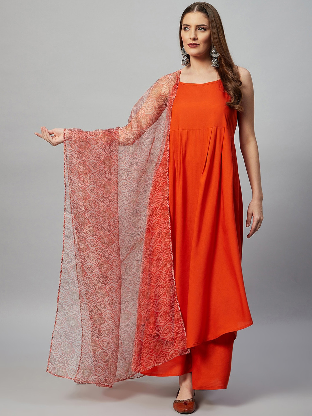 

InWeave Women Orange Layered Kurta with Palazzos & With Dupatta