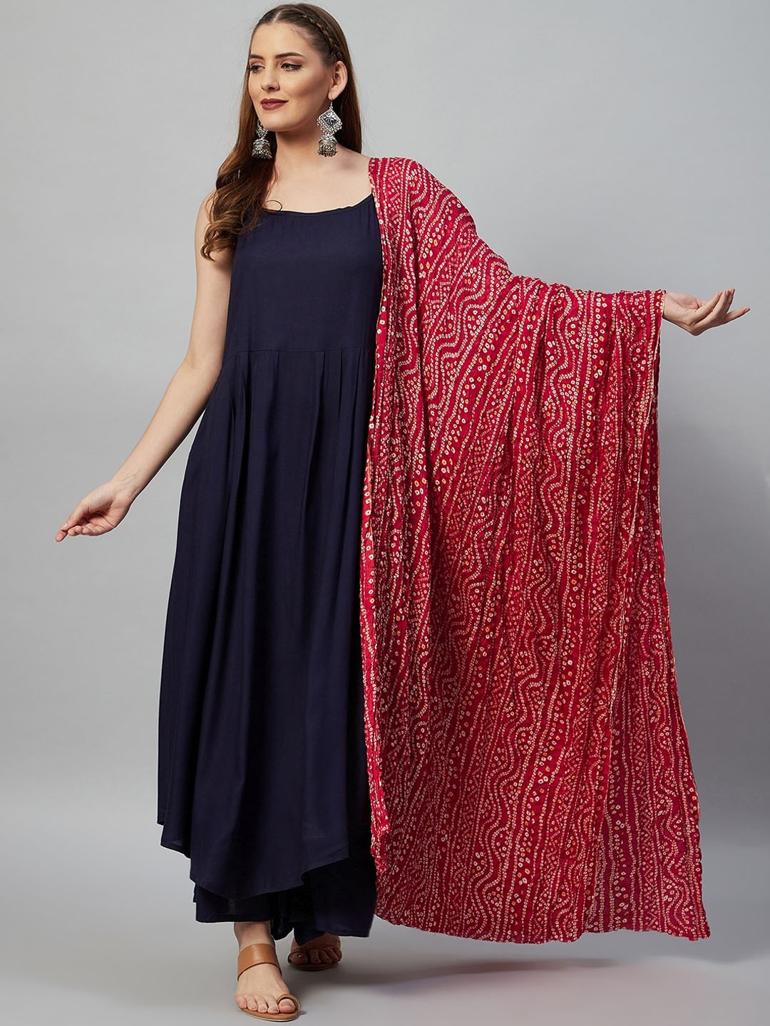 

InWeave Women Navy Blue Pleated Kurta with Skirt & With Dupatta