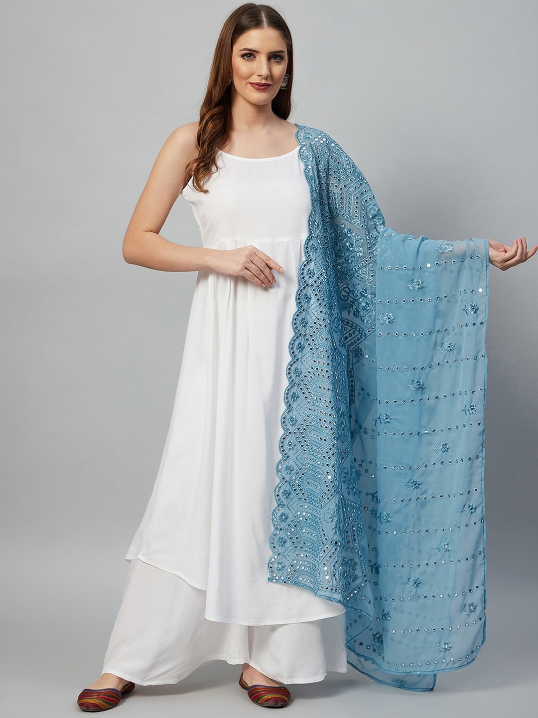 

InWeave Women White Embroidered Empire Kurti with Skirt & With Dupatta