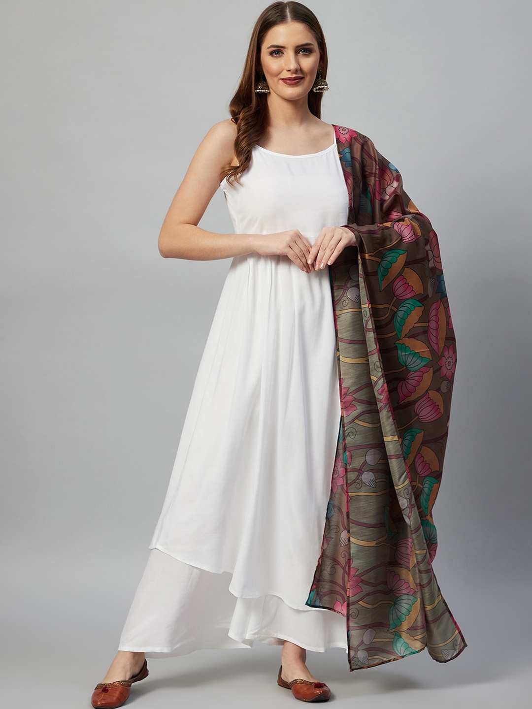 

InWeave Women White Pleated Kurti with Palazzos & With Dupatta