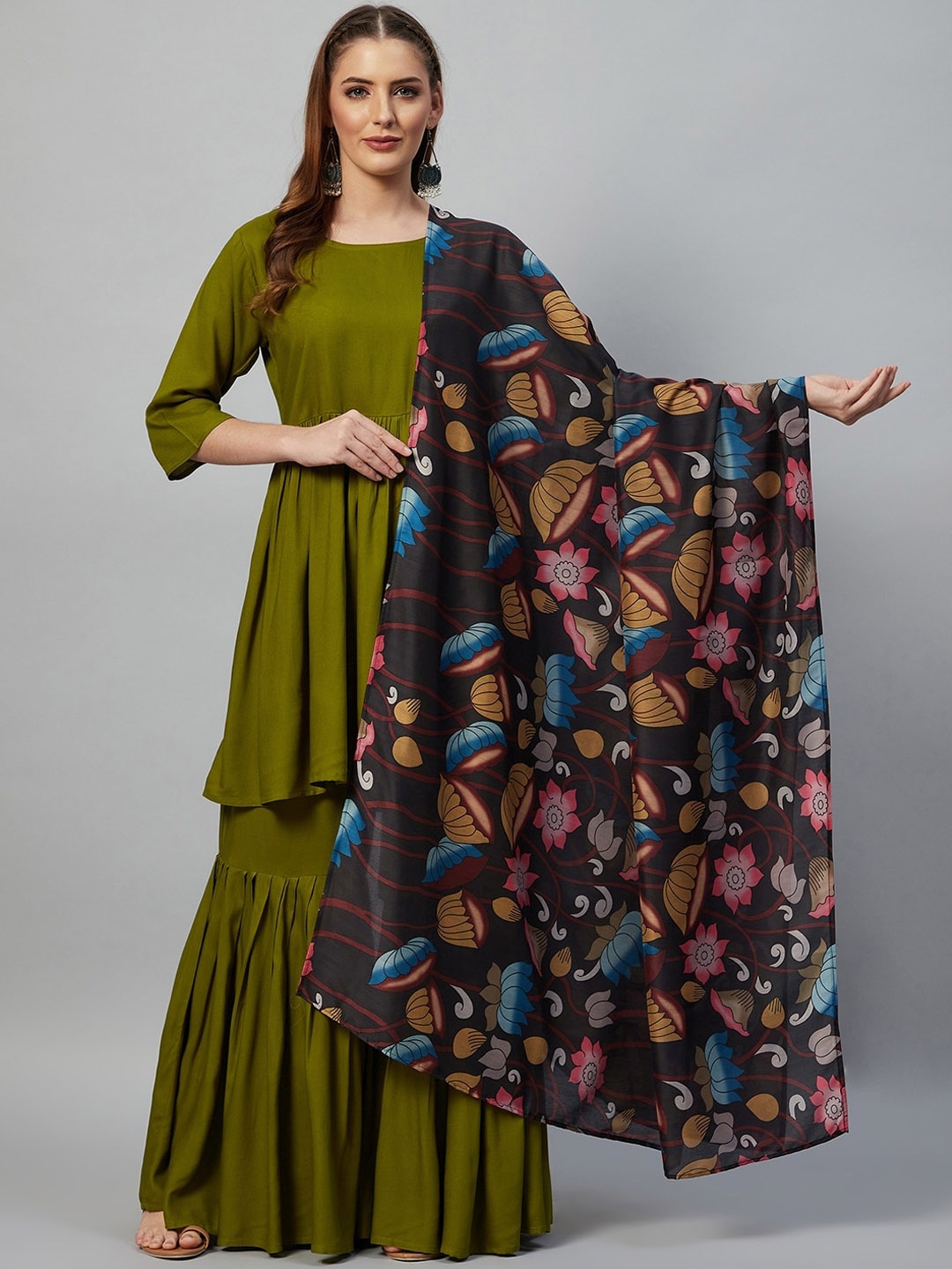 

InWeave Women Olive Green Kurti with Sharara & With Dupatta