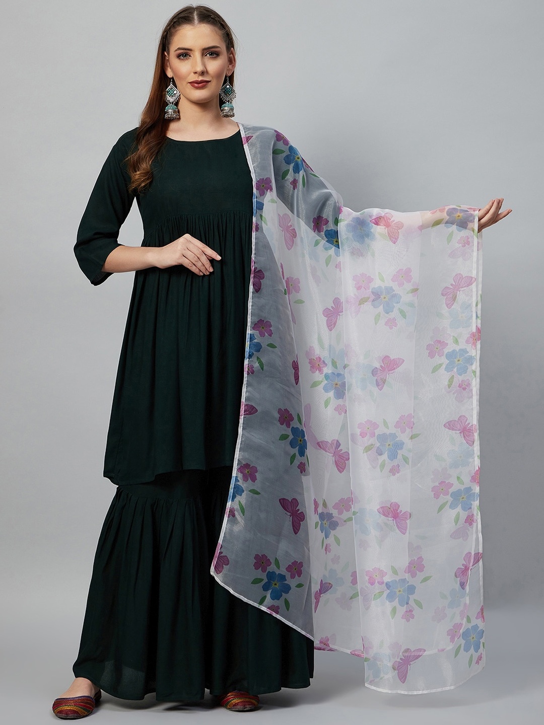 

InWeave Women Green Floral Pleated Kurti with Sharara & With Dupatta