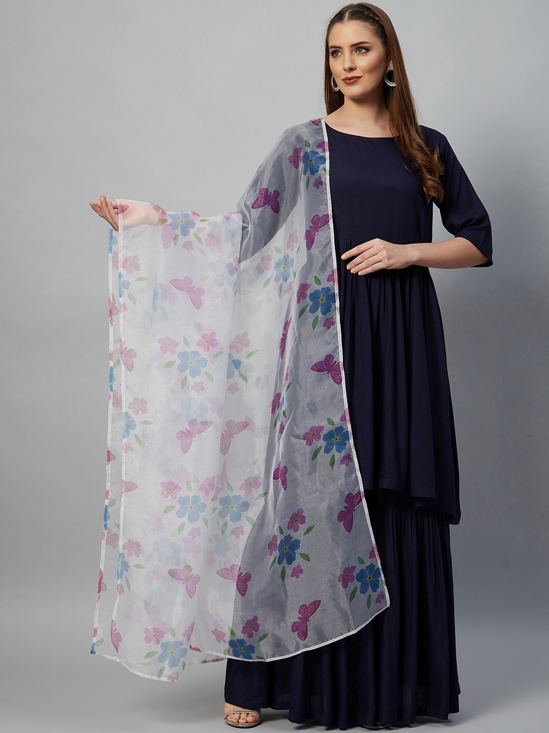 

InWeave Women Navy Blue Empire Kurti with Palazzos & With Dupatta