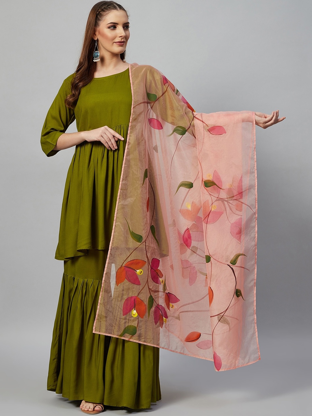 

InWeave Women Olive Green Pleated Kurti with Sharara & With Dupatta