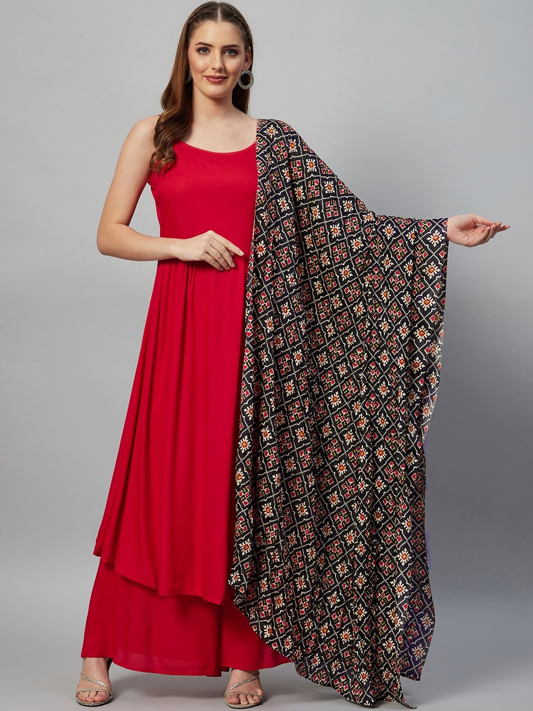 

InWeave Women Red Pleated Kurta with Palazzos & With Dupatta