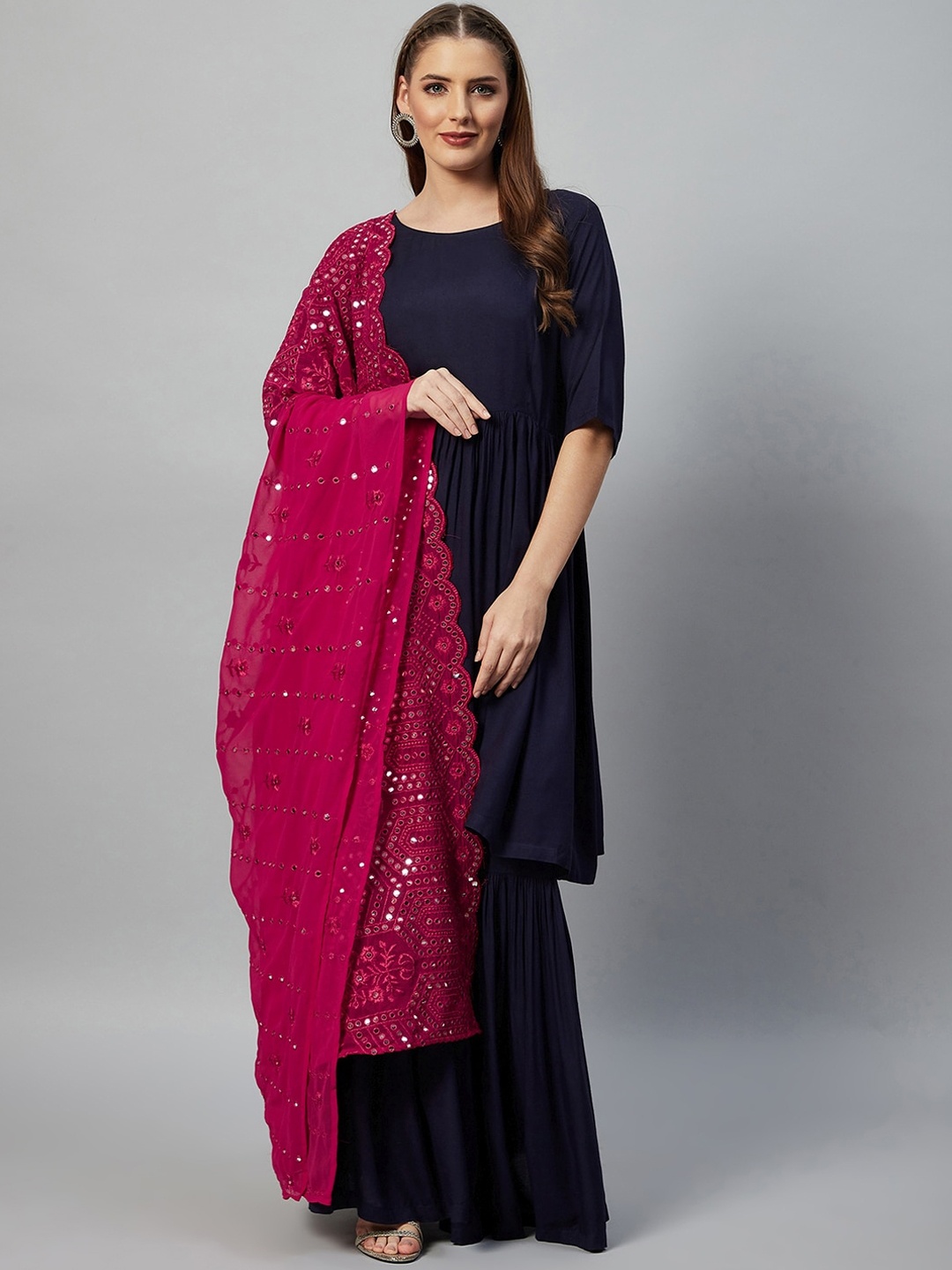 

InWeave Women Navy Blue Floral Panelled Kurti with Skirt & With Dupatta