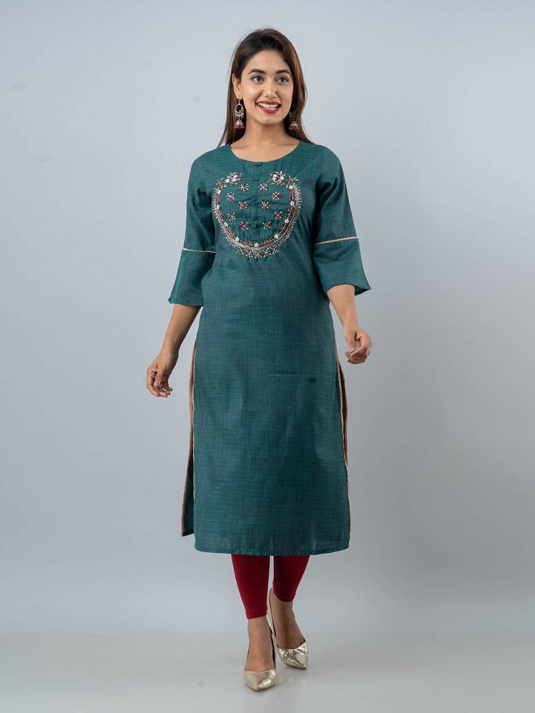 

FASHION DWAR Green Yoke Design Flared Sleeves Kurta