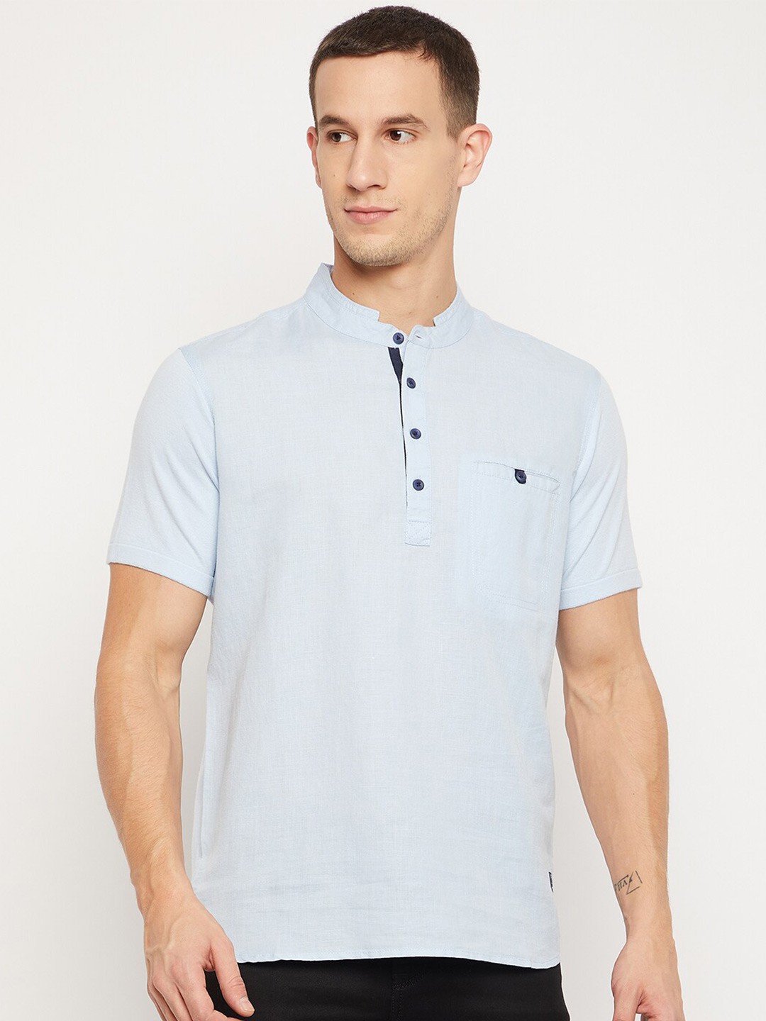 

Octave Men Blue Solid Henley Neck Cotton T-shirt