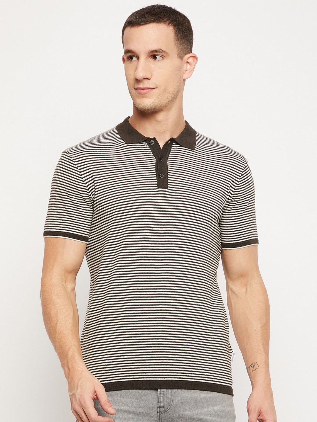 

Octave Men Olive Green Striped Polo Collar T-shirt