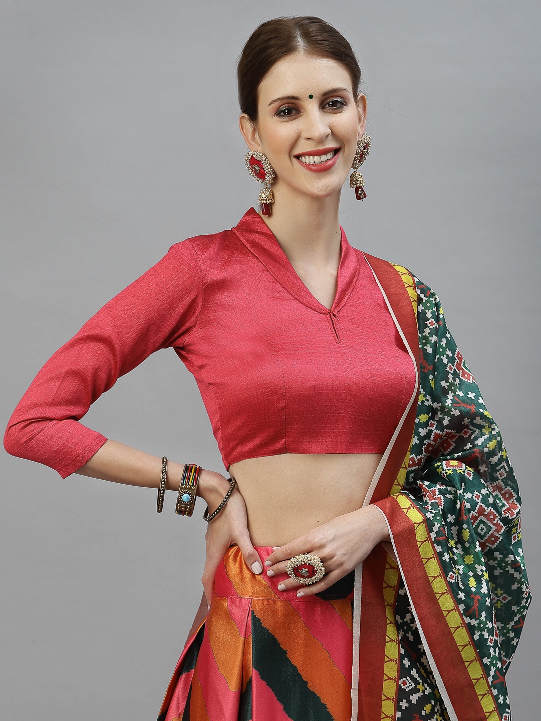 

Satrani Pink & Green Semi-Stitched Lehenga & Unstitched Blouse With Dupatta