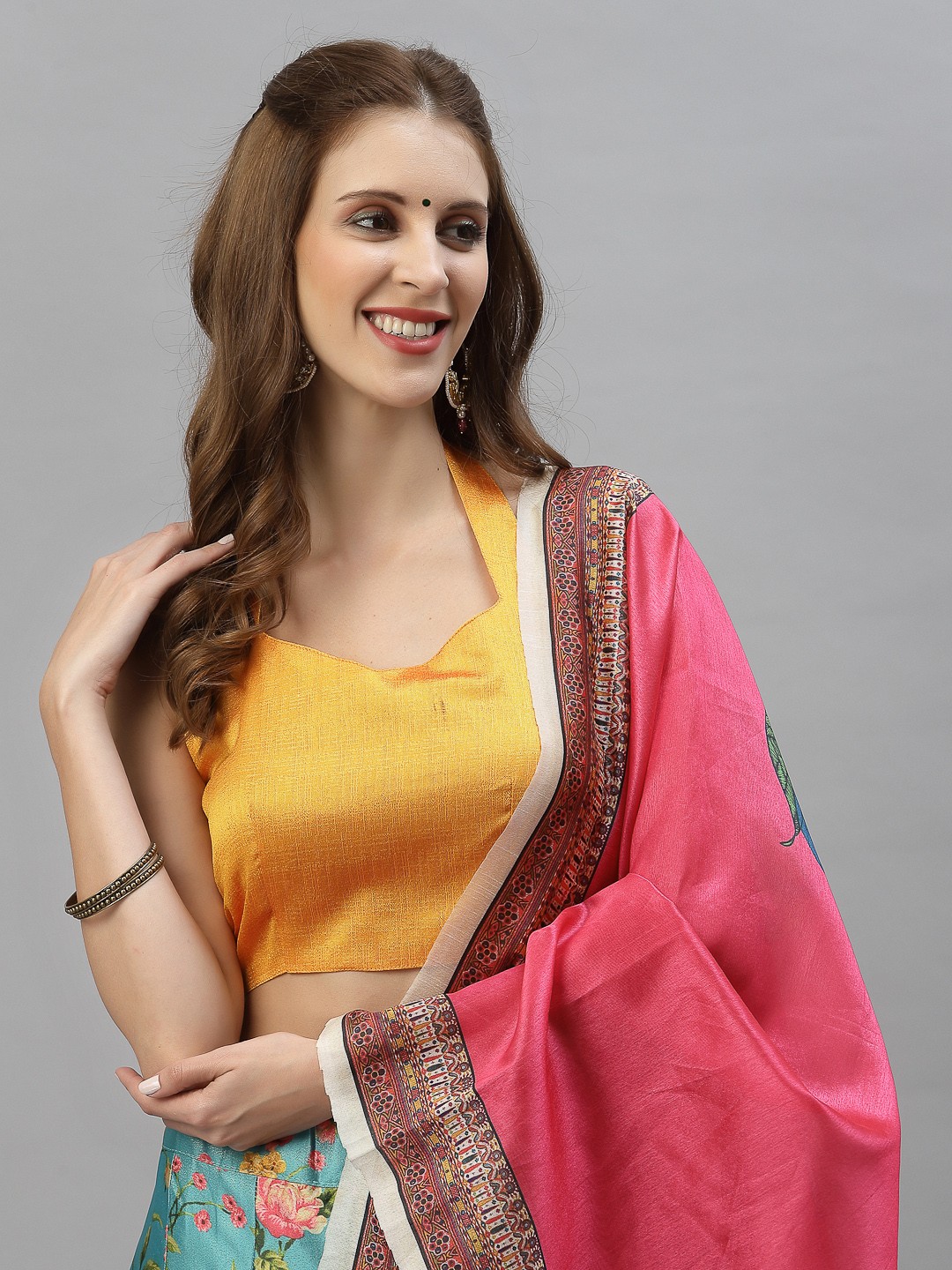 

Satrani Yellow & Sea Green Semi-Stitched Lehenga & Unstitched Blouse With Dupatta
