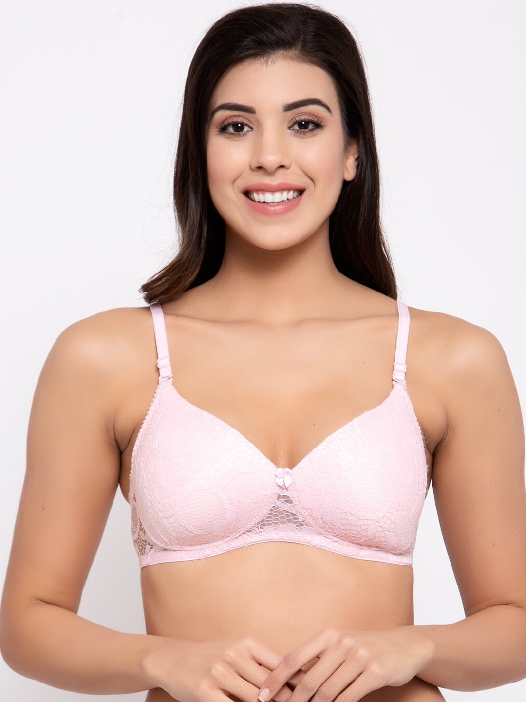 

Prag & Co Pink Floral Lace Antimicrobial Combed Cotton Minimizer Bra - Lightly Padded