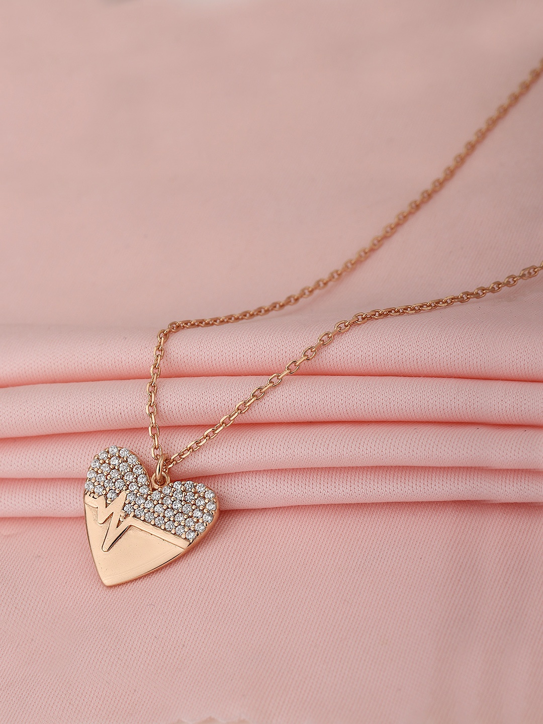 

Carlton London Rose Gold-Plated Heart Textured CZ Studded Link Necklace