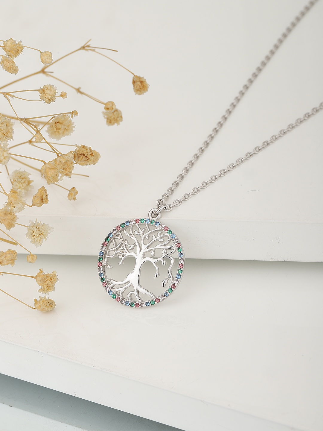 

Carlton London Silver-Toned Rhodium-Plated CZ Studded Tree Textured Link Necklace