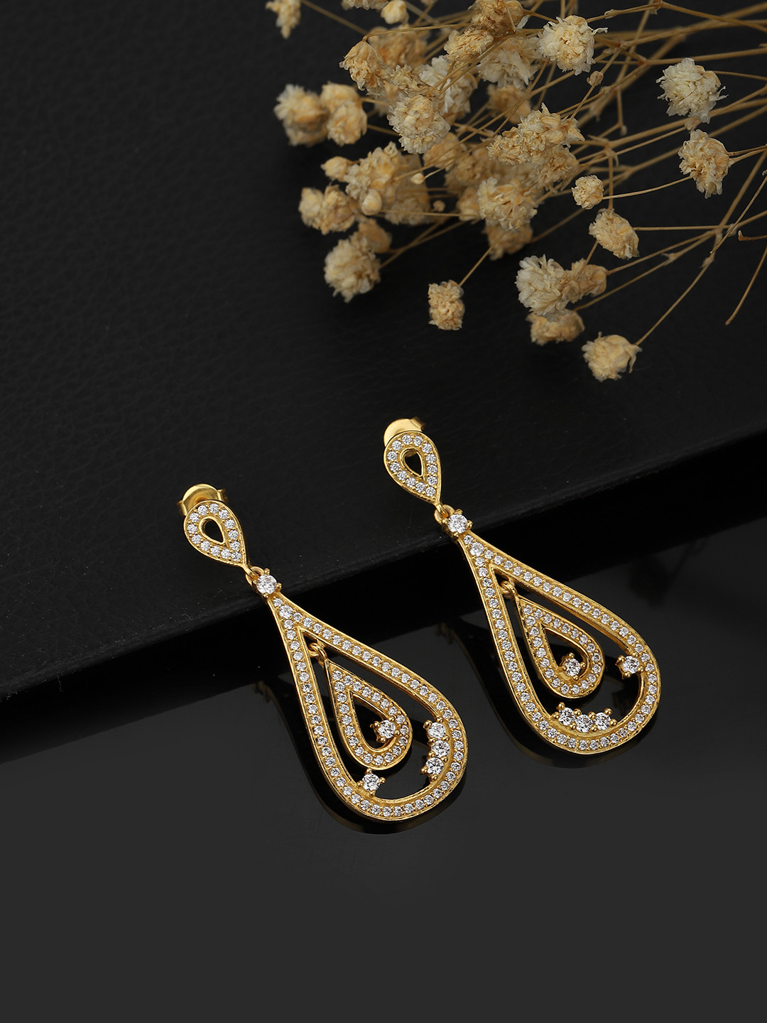 

Carlton London Gold-Plated CZ Studded Teardrop Shaped Drop Earrings
