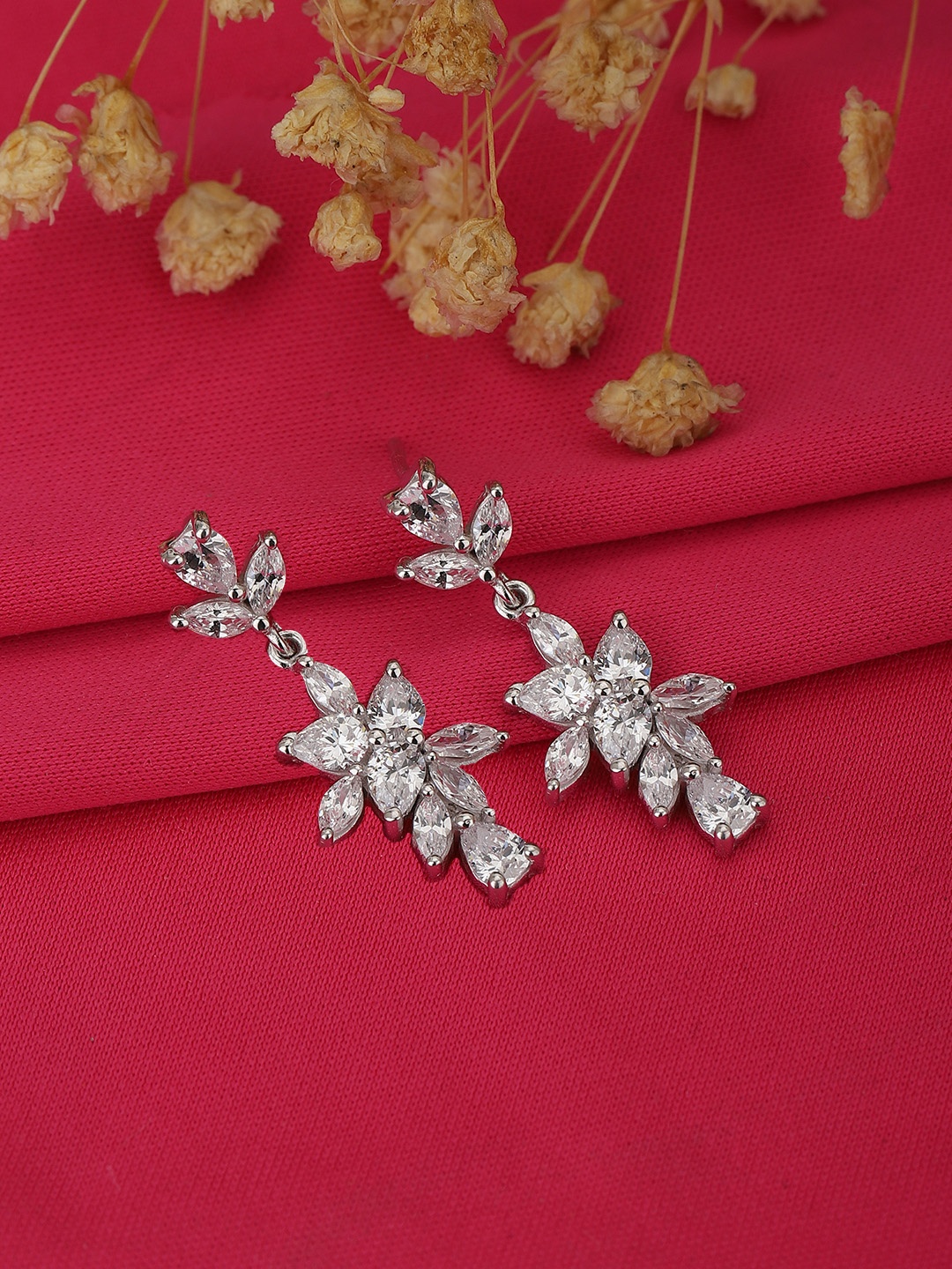 

Carlton London Silver-Toned Rhodium-Plated CZ Studded Floral Drop Earrings