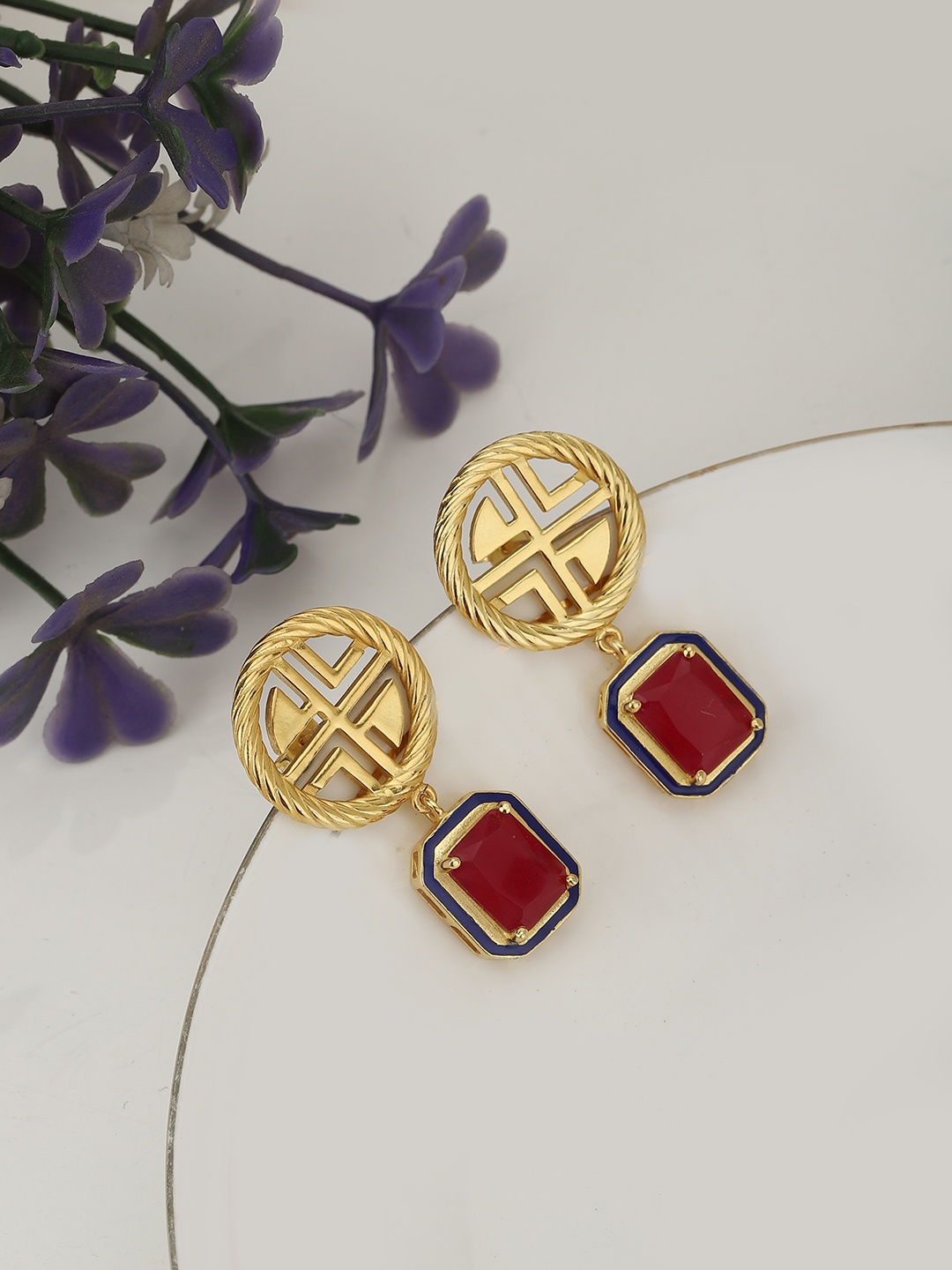 

Carlton London Red Gold-Plated Stone Studded Contemporary Drop Earrings