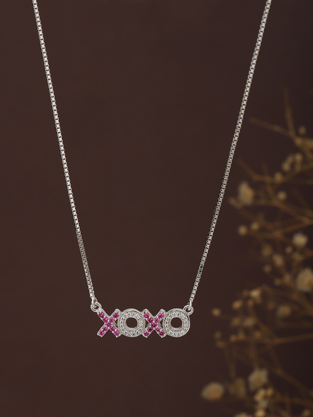 

Carlton London Silver-Toned & Pink Rhodium-Plated CZ Studded Link Necklace