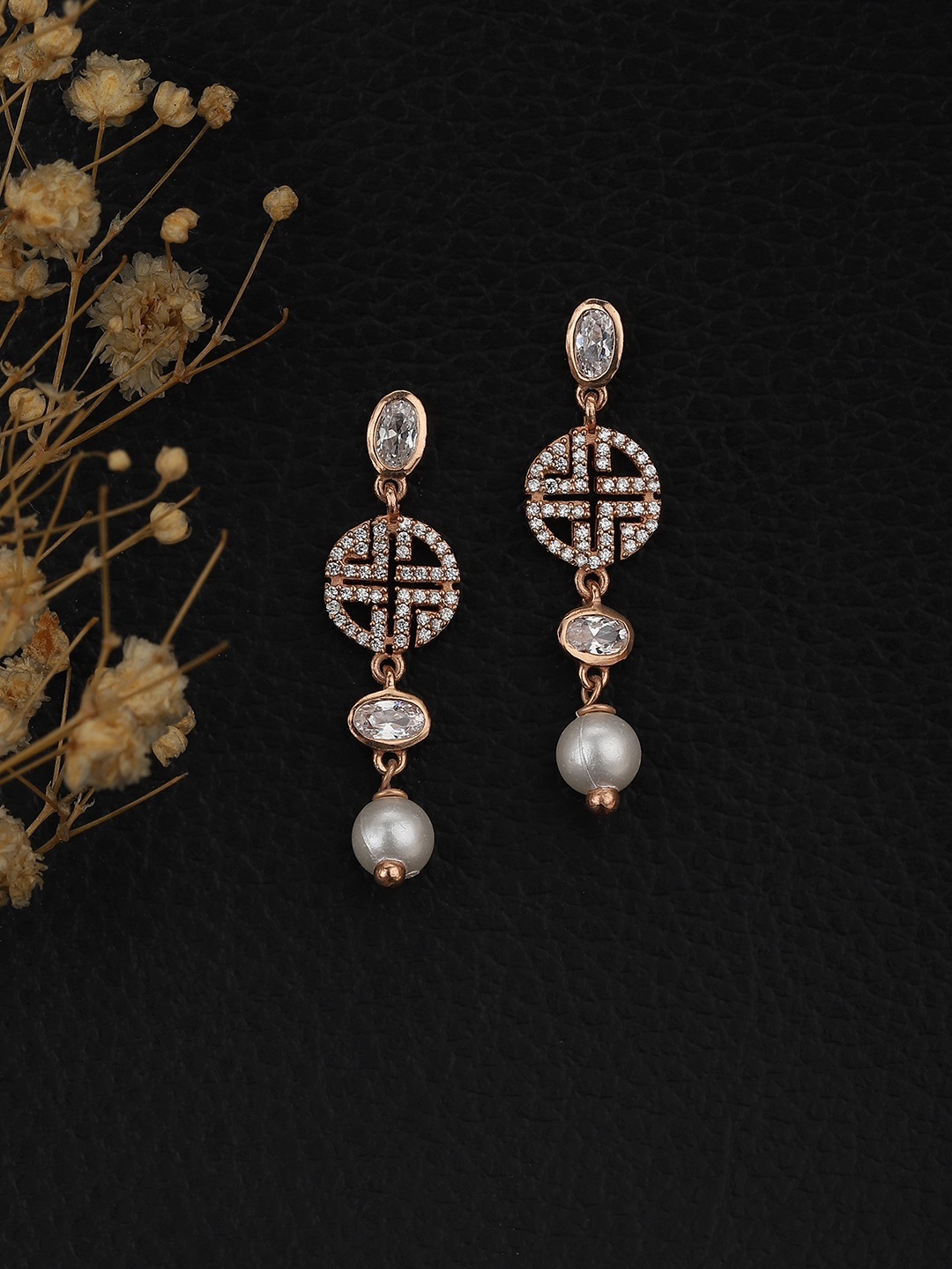 

Carlton London White Rose Gold-Plated CZ Studded & Beaded Contemporary Drop Earrings