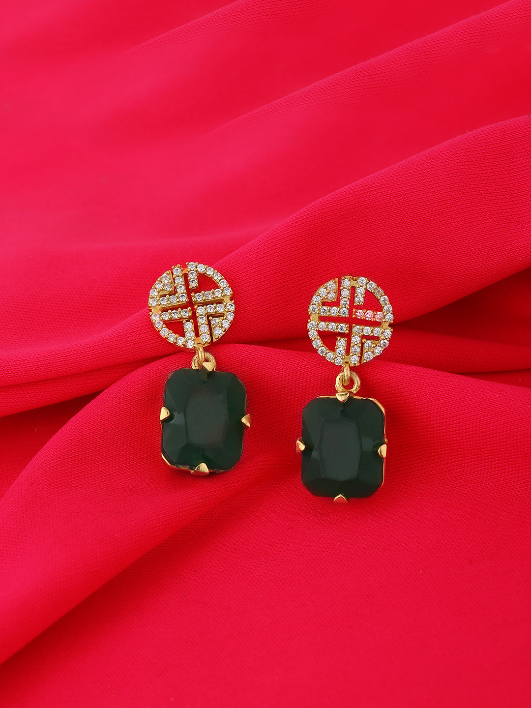 

Carlton London Green Gold-Plated CZ Studded Square Drop Earrings