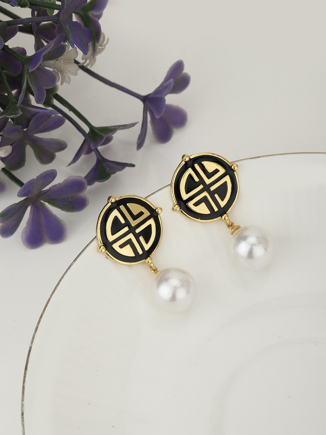 

Carlton London White & Black Gold-Plated Enamelled Beaded Circular Drop Earrings