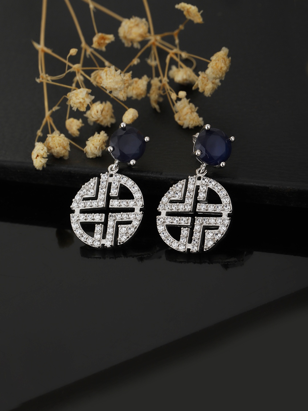 

Carlton London Silver-Toned & Navy Blue Rhodium-Plated CZ Studded Circular Drop Earrings