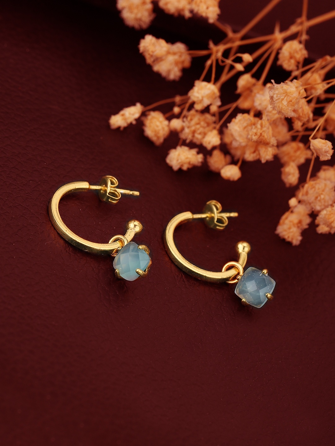 

Carlton London Blue Gold-Plated Chalcedony Studded Crescent Shaped Half Hoop Earrings