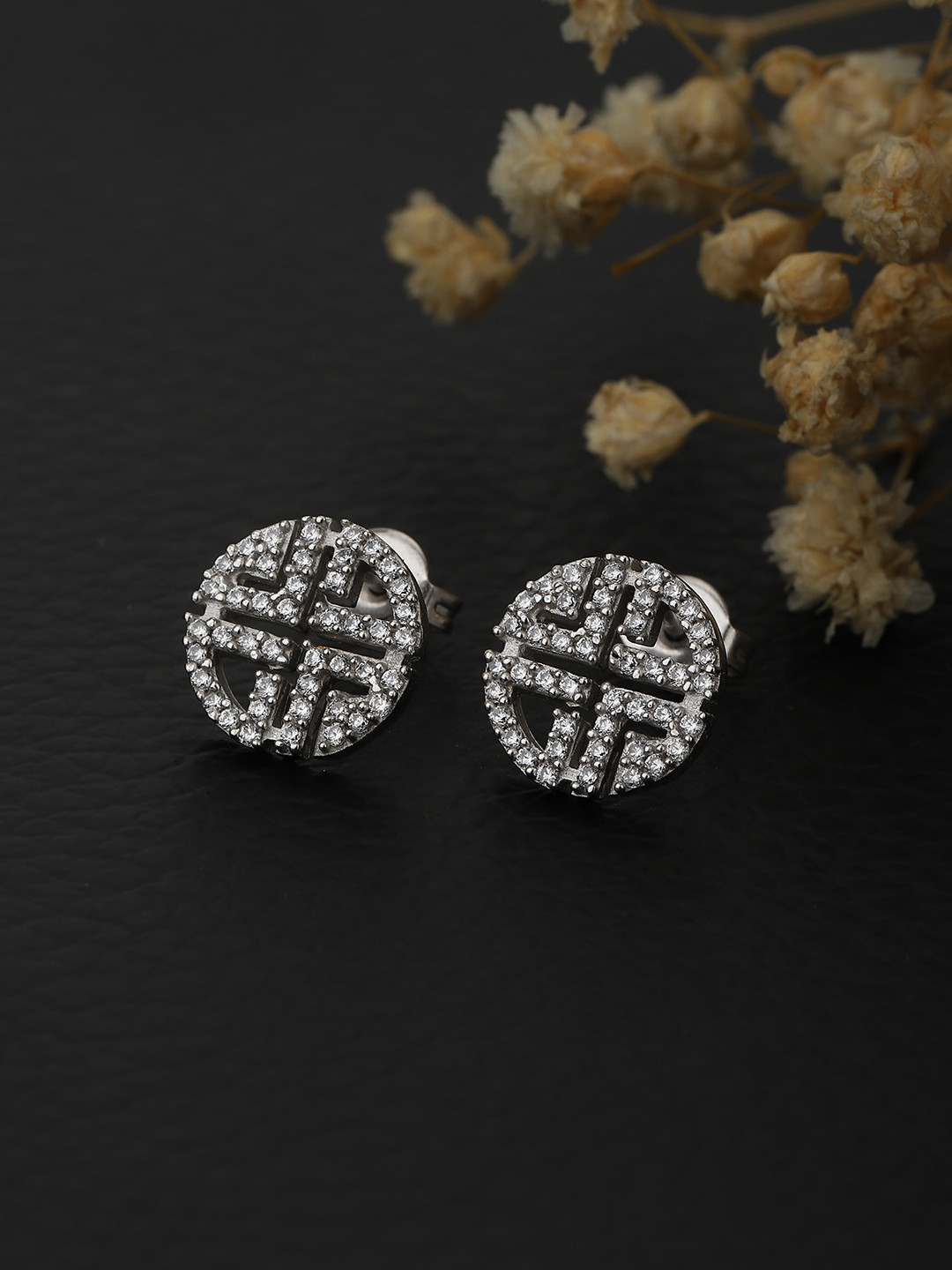 

Carlton London Silver-Toned Circular Rhodium Plated Studs Earrings