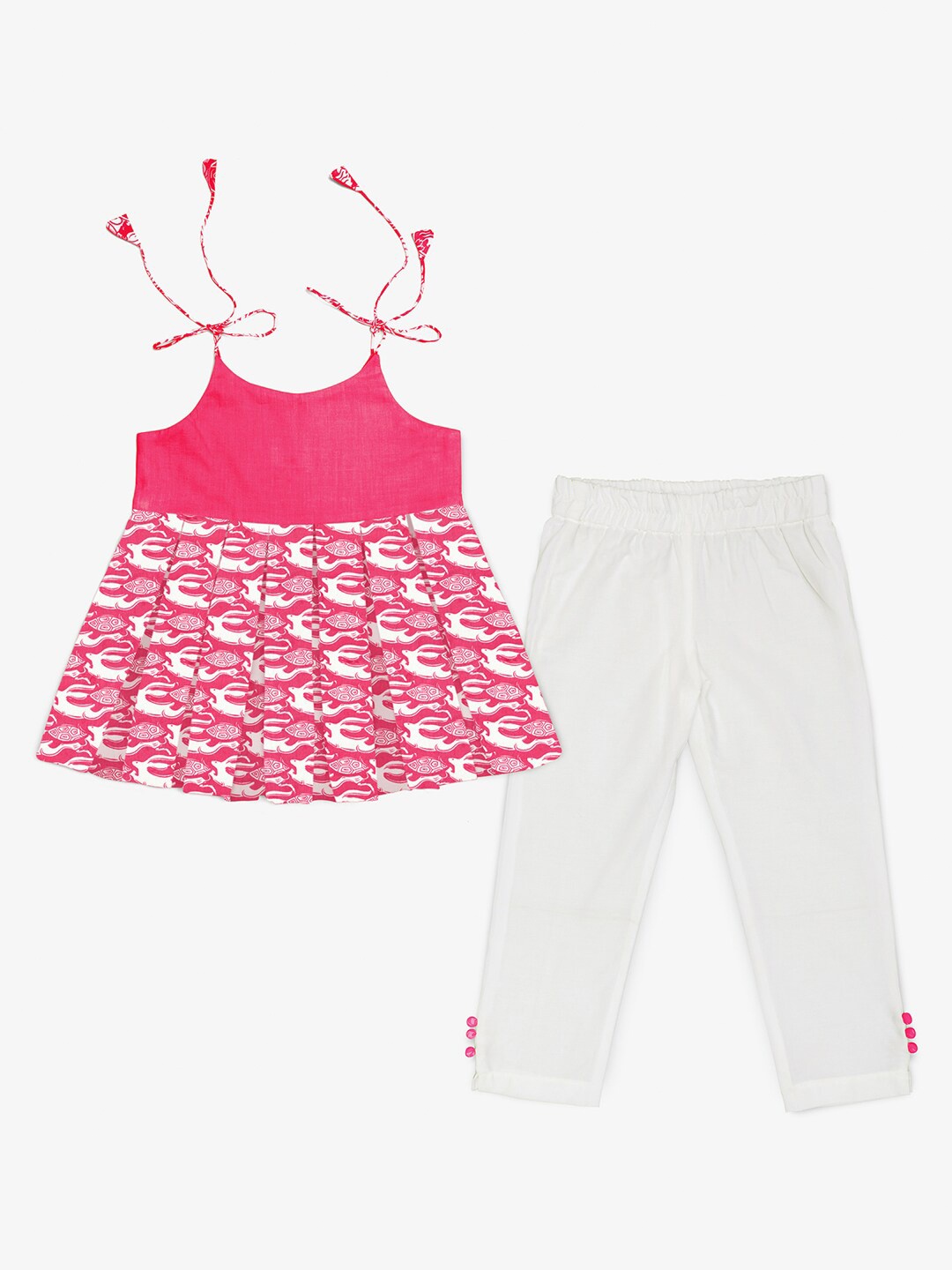 

STORY TAILOR Girls Pink & White Printed Pure Cotton Tunic with Trousers