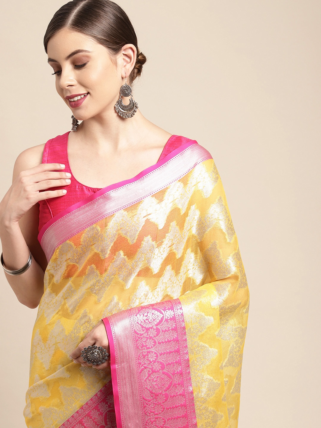 

Leeza Store Yellow & Pink Woven Design Organza Taant Saree