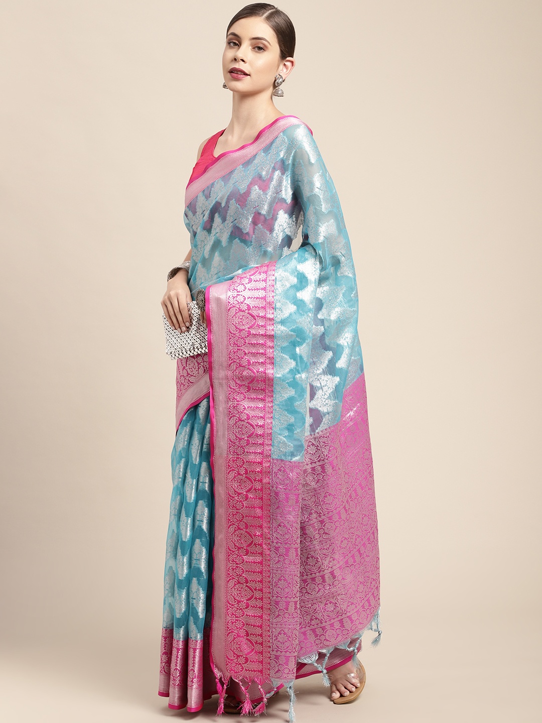 

Leeza Store Turquoise Blue & Pink Woven Design Organza Taant Saree