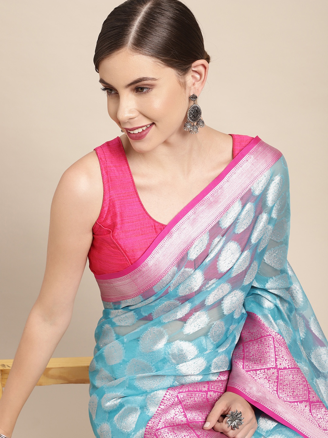 

Leeza Store Turquoise Blue & Pink Woven Design Organza Taant Saree