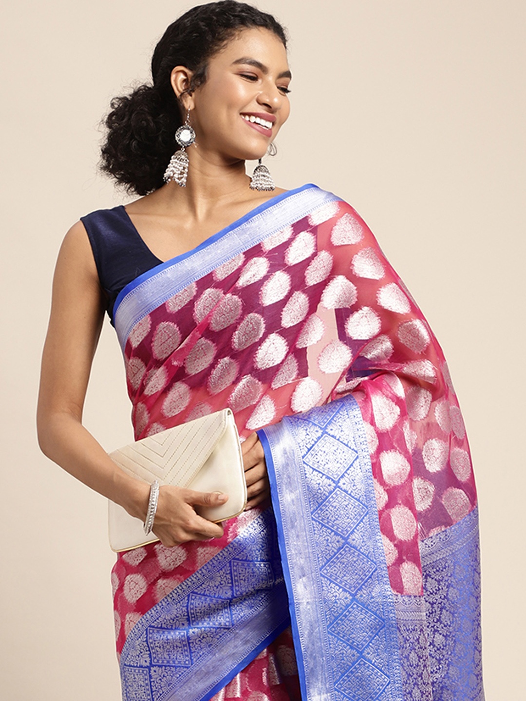 

Leeza Store Pink & Blue Woven Design Organza Taant Saree