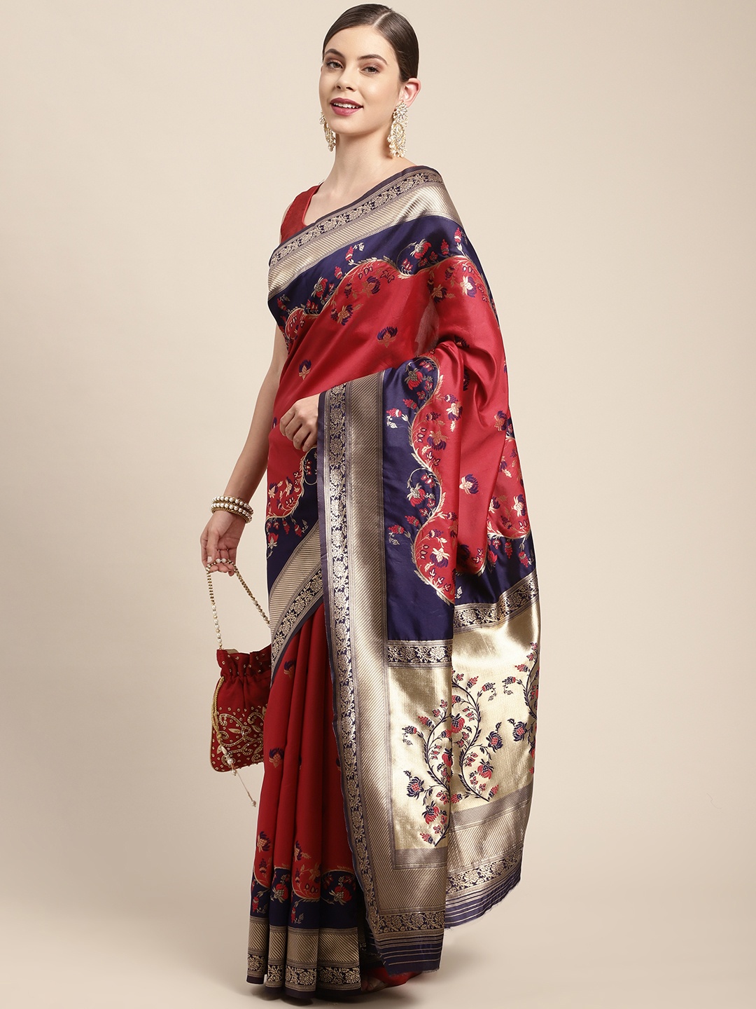 

Leeza Store Red & Navy Blue Woven Design Silk Blend Patola Saree