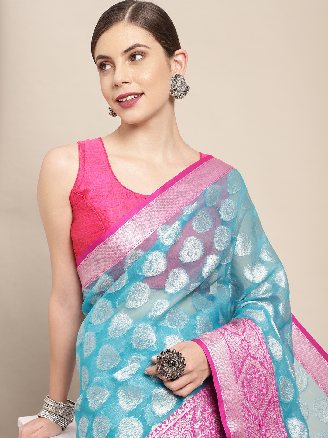 

Leeza Store Blue & Pink Woven Design Organza Taant Saree