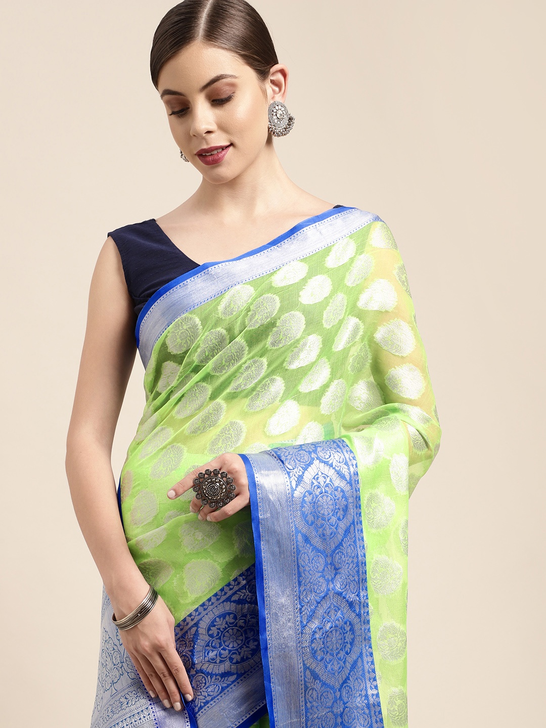 

Leeza Store Green & Blue Woven Design Organza Taant Saree