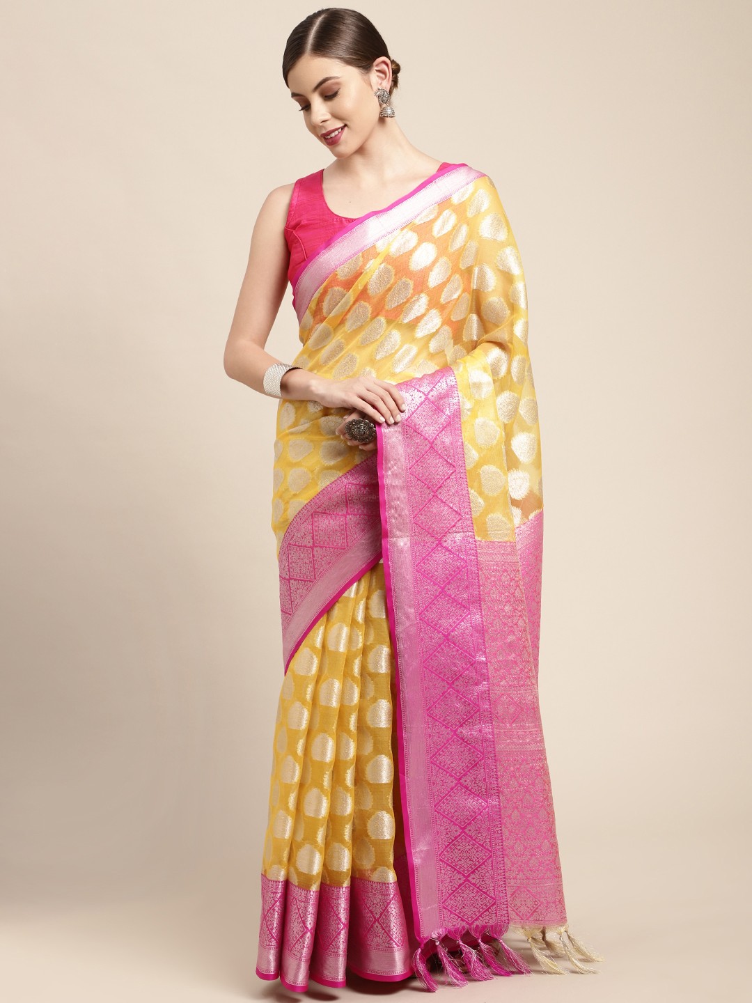 

Leeza Store Yellow & Pink Woven Design Organza Taant Saree