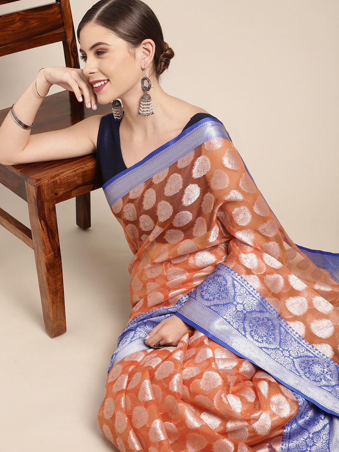 

Leeza Store Orange & Blue Woven Design Organza Taant Saree