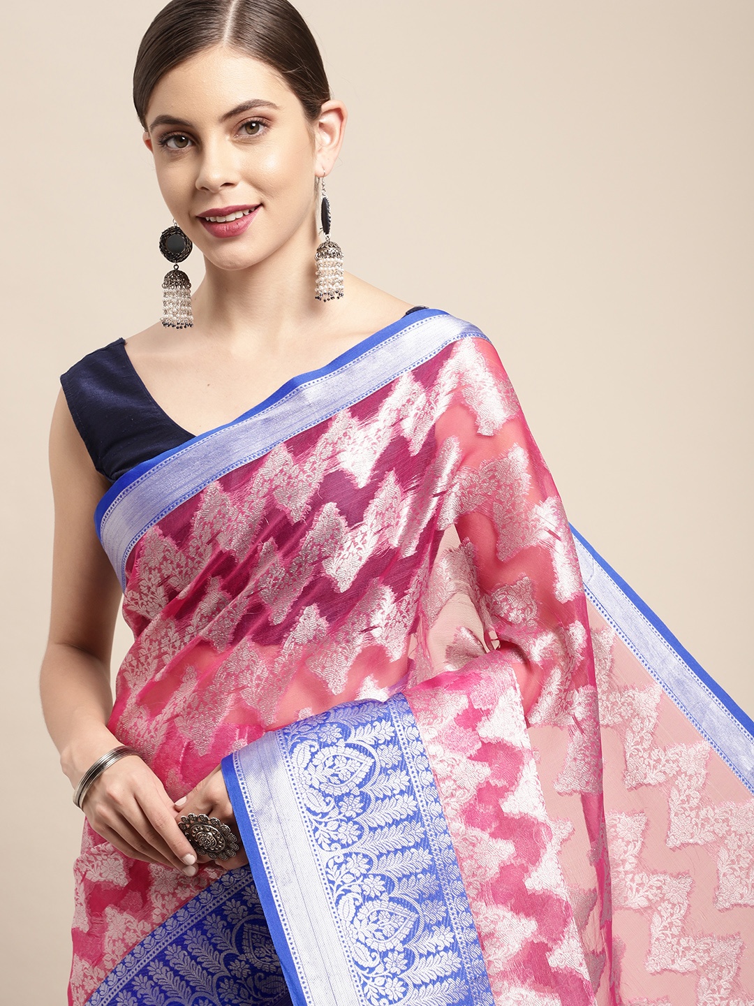 

Leeza Store Pink & Blue Woven Design Organza Taant Saree