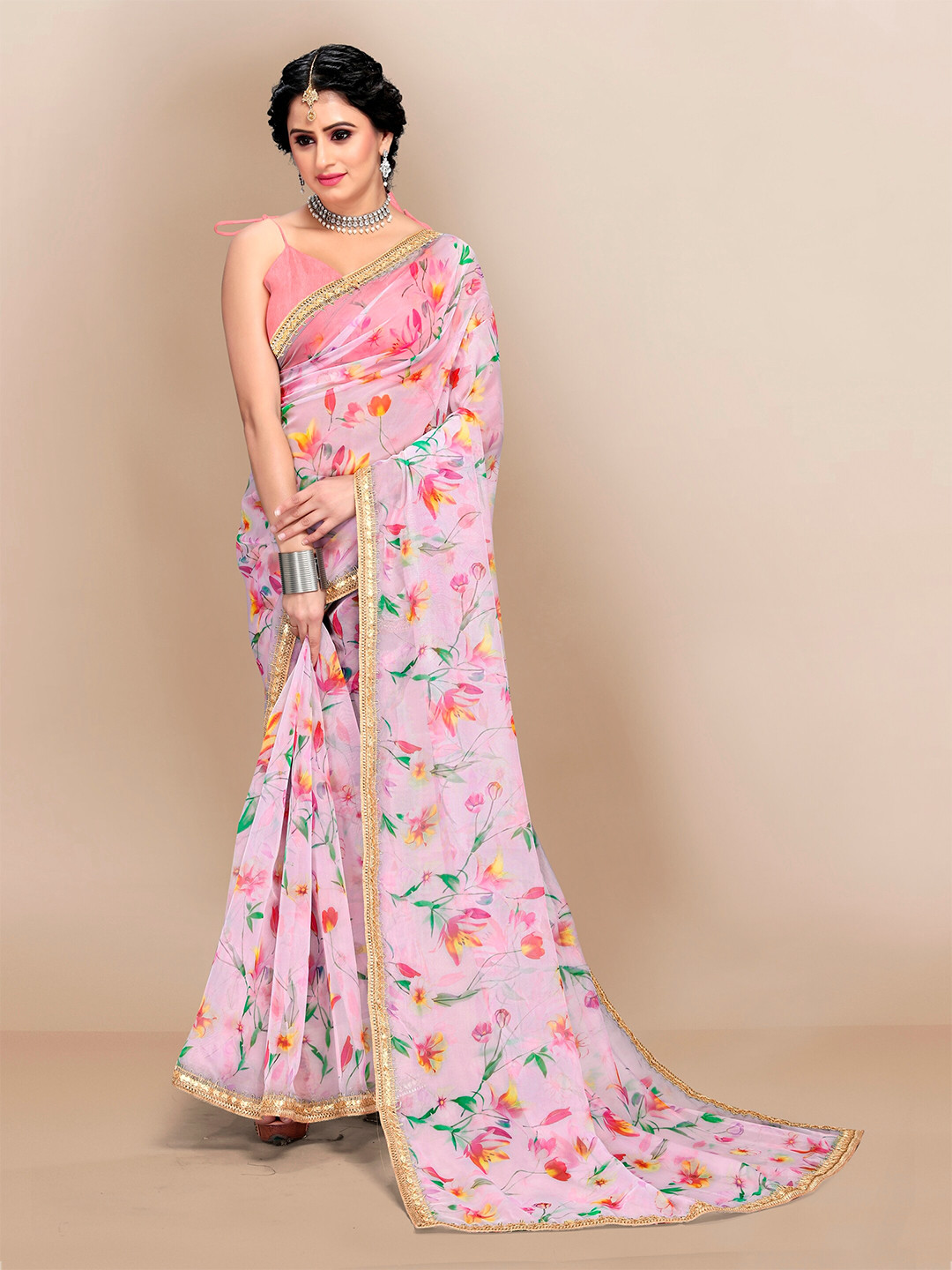 

VAIRAGEE Pink & Green Floral Zari Organza Saree