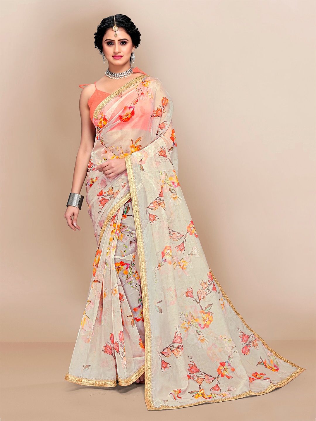 

VAIRAGEE Cream-Coloured & Red Floral Organza Saree