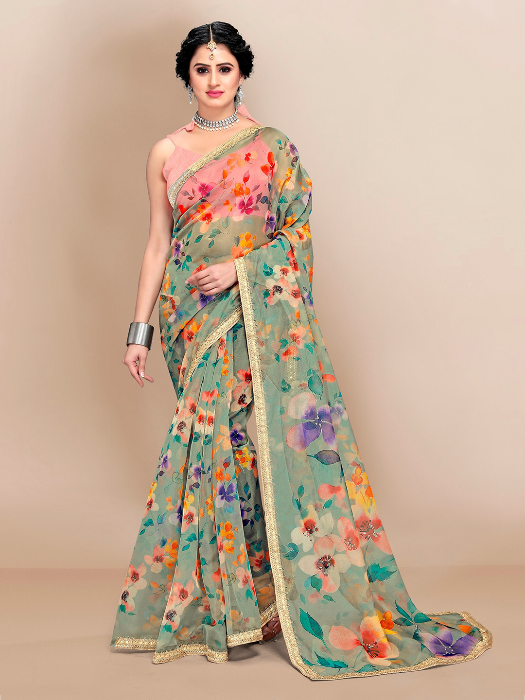 

VAIRAGEE Olive Green & Red Floral Organza Saree