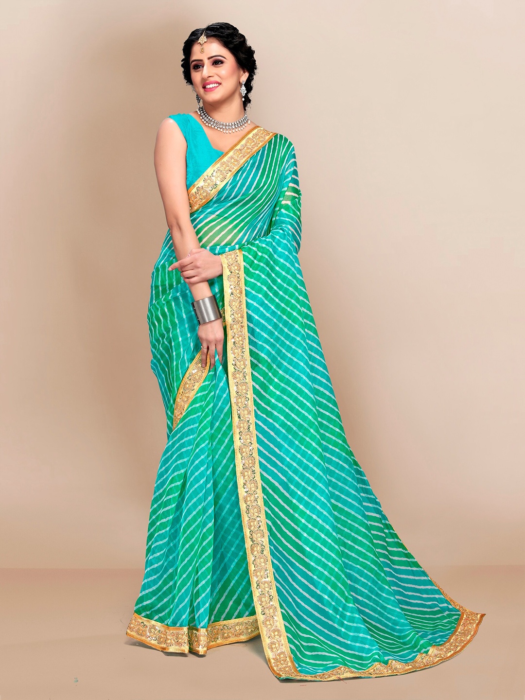 

VAIRAGEE Blue & Green Striped Embroidered Organza Saree